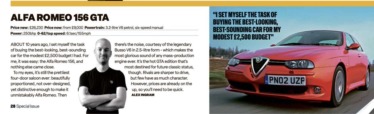 La rédaction d'Autocar place l'Alfa Romeo 156 GTA parmi les "future classics", aux côtés d'une Alpine A110 ou d'une BMW i3.