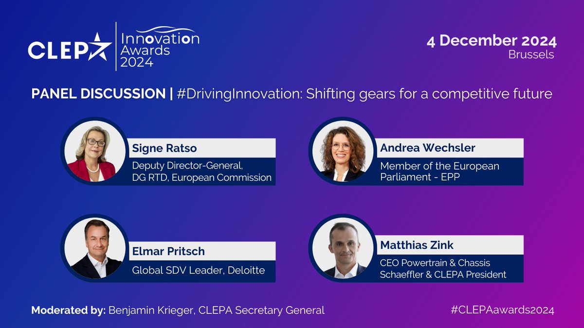 🚀 How can Europe stay at the forefront of mobility innovation?

The #CLEPAawards2024 will feature a compelling panel discussion on the competitiveness of the automotive supply industry! 🎙️ Looking forward to welcoming our panellists!

See more info here: clepainnovationawards.eu