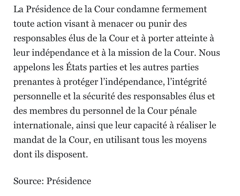 Déclaration inédite de la CPI : 

Pour la première fois, la présidence de la Cour dénonce publiquement des pressions et menaces contre ses juges et responsables élus. 

Message clair aux États, comme la France, qui tentent de violer son autorité internationale !