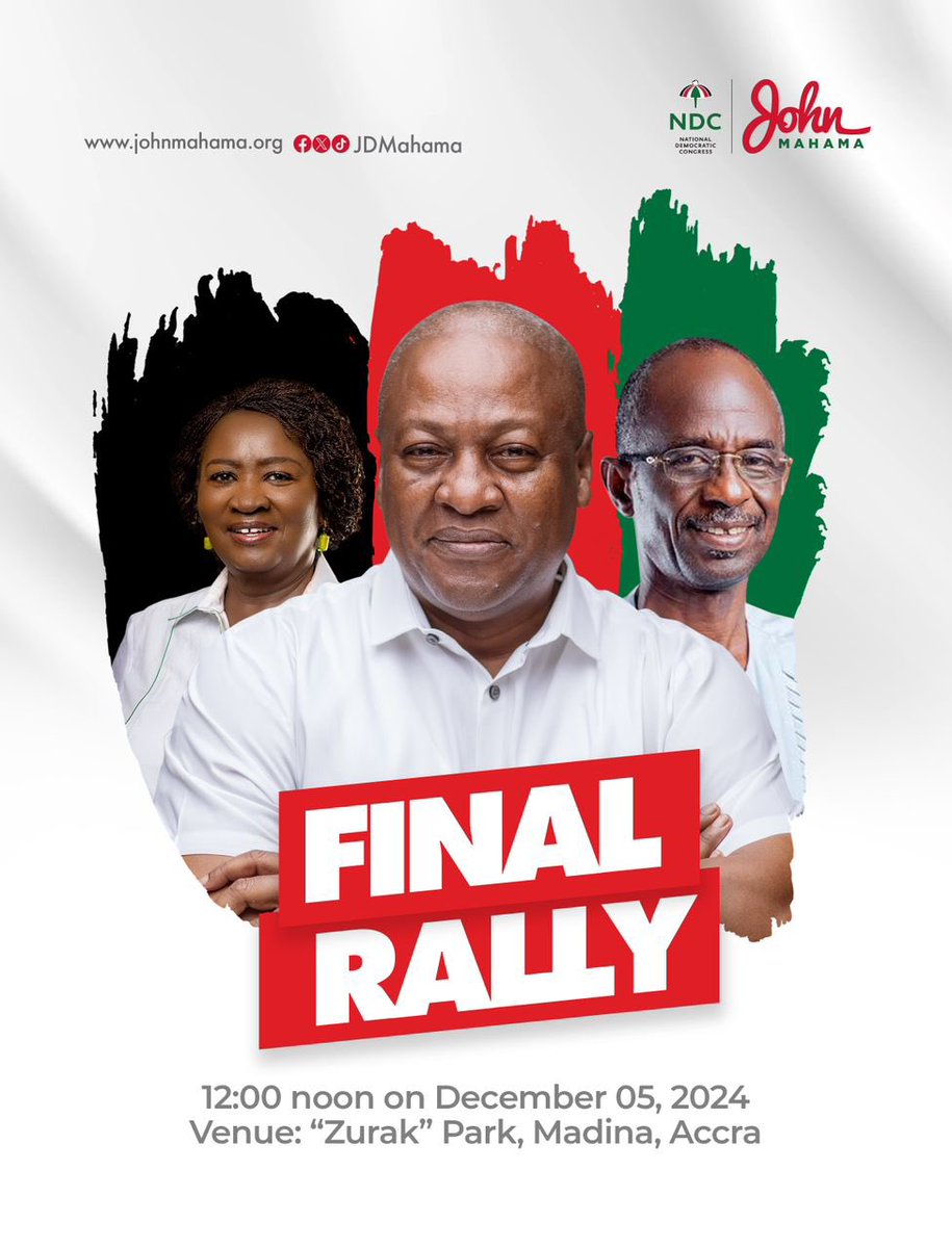 OfficialNDCGh's tweet photo. PRESS RELEASE 
For Immediate Release;

30/11/2024

NDC TO CONCLUDE 2024 ELECTION CAMPAIGN WITH A FINAL RALLY IN ACCRA.

The National Democratic Congress (NDC) wishes to inform its supporters and general public, that it will be concluding its 2024 election campaign with a mammoth Final Rally in the city of Accra. 

The epoch-making event is scheduled for Thursday, 5th December, 2024 at 12 noon. The program will be held at the “Zurak Park” in Madina, Accra under the theme; RESETTING GHANA- LET’S FINISH STRONG!. 

All supporters of the NDC, the media and general public are cordially invited to this event. 

Media stations may contact the Communications Bureau of the party for accreditation. 

SIGNED.
SAMMY GYAMFI ESQ.
NATIONAL COMMUNICATIONS OFFICER