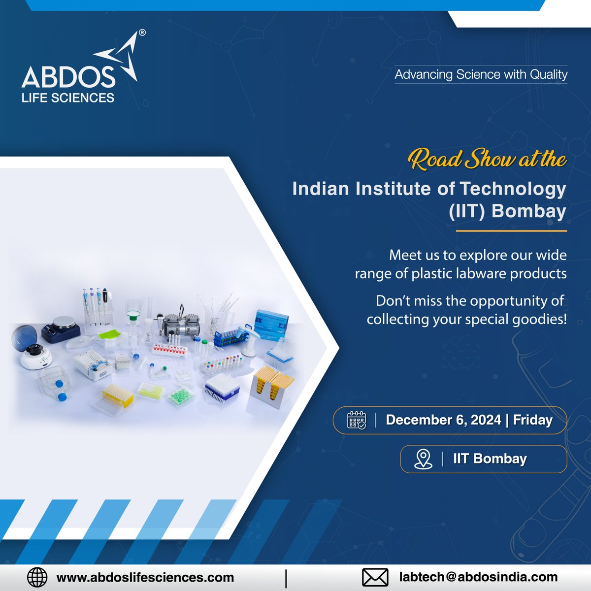 AbdosLabtech's tweet image. #AbdosLifeSciences will be visiting IIT Bombay for an exciting road show. Don’t miss this opportunity to experience the widest range of plastic labware products, first-hand.
.
 IIT Bombay
#LifeSciences #LabEssentials #Manufacturing
