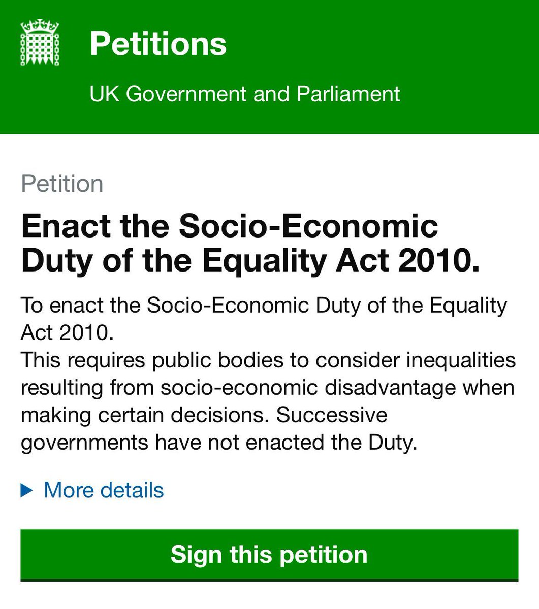 Please sign this and share. We need the govt to enact the Socio-Economic Duty of the Equality Act 2010.

This requires public bodies to consider inequalities resulting from socio-economic disadvantage when making certain decisions.

buff.ly/3CLyBxO