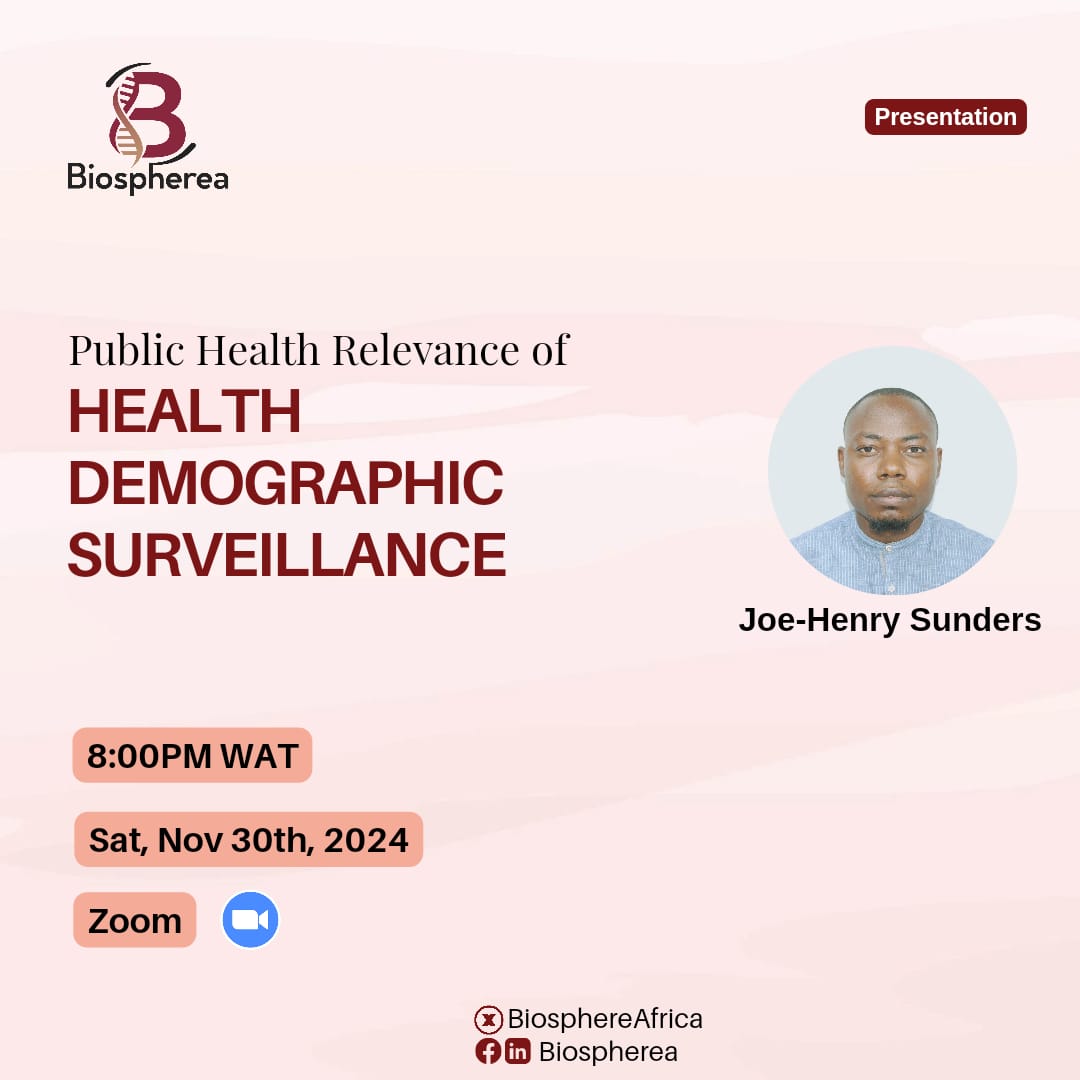 BiosphereAfrica's tweet image. How can health demographic surveillance inform public health decisions? 

Join us tonight by 8pm as Joe-Henry Sunders presents on this topic.

#PublicHealthMatters
#ScienceCommunity
#SciencePresentation