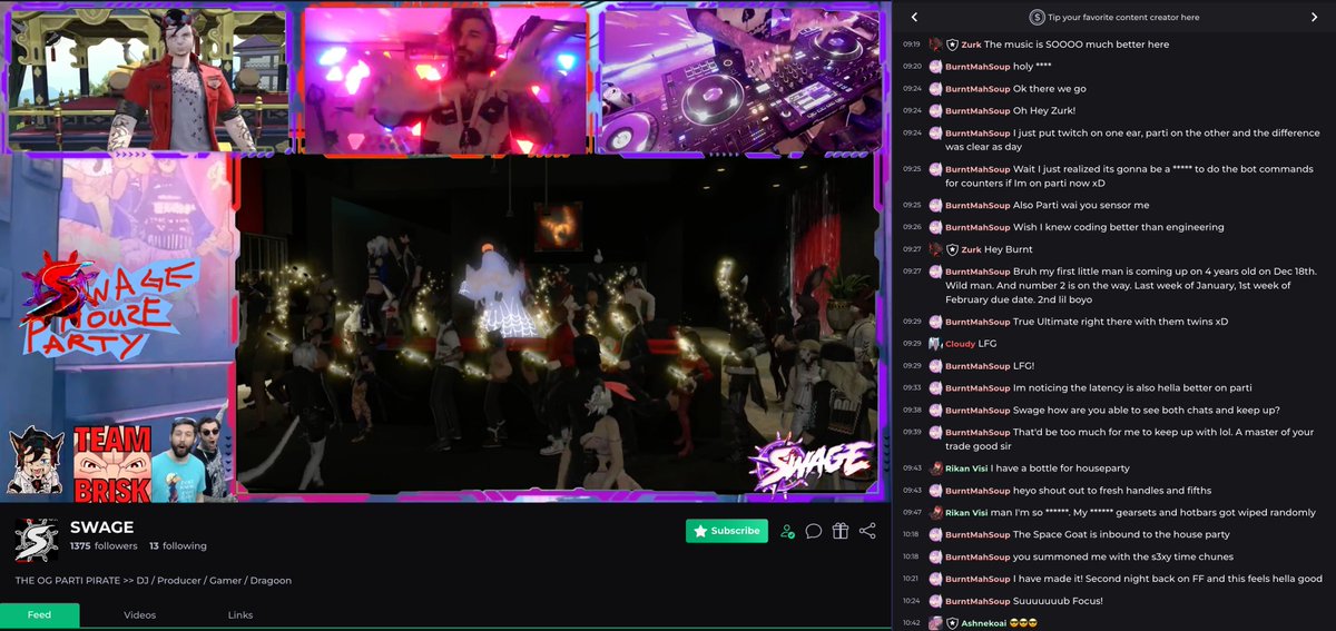 🎄 Day 5 of "30 Days to Christmas" 🎄

Massive shoutout to @SwageSound, the first DJ to join Parti and one of the fastest-growing DJ streamers on Twitch with over 25k followers! 🎧🔥

Swage shows up almost every day with multi-hour sets packed with banging beats—from breakbeats