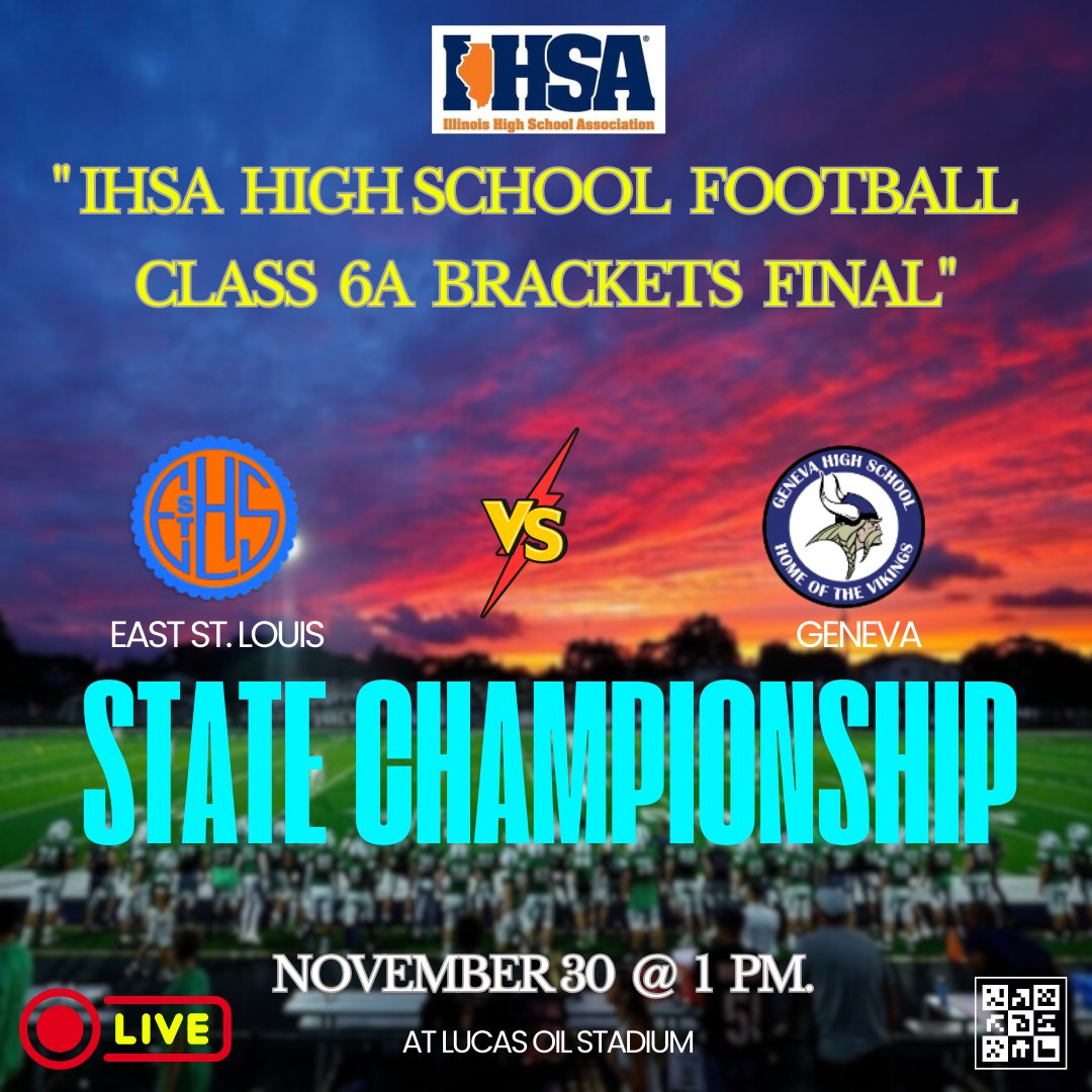 IHSA UPDATES (@ihsa_updates) on Twitter photo 🔥𝙂𝘼𝙈𝙀𝘿𝘼𝙔
📢 2024 IHSA 6A STATE FINAL
🏈 East St. Louis 🆚 Geneva
📺 Live on: bit.ly/3YiqwI0
🗓Today, Nov 30
⏰️1p.
<a href="/Football_Flyers/">Esl FlyersFootball</a> @GenevaViking
<a href="/GHS_ILathletics/">Geneva HS Athletics</a> <a href="/GHS_Geneva/">Geneva High School</a> <a href="/GHS_Principal85/">Tom Rogers</a> <a href="/GHSportsBooster/">GHS Sports Boosters</a> <a href="/GHSVikingsVB/">Geneva Girls Volleyball</a> <a href="/CoachTDismukes/">Trevor Dismukes</a> <a href="/tfenton314/">Coach Terry Fenton</a> <a href="/hamitchom/">Coach Mitchom</a> 🔥𝙂𝘼𝙈𝙀𝘿𝘼𝙔
📢 2024 IHSA 6A STATE FINAL
🏈 East St. Louis 🆚 Geneva
📺 Live on: bit.ly/3YiqwI0
🗓Today, Nov 30
⏰️1p.
<a href="/Football_Flyers/">Esl FlyersFootball</a> @GenevaViking
<a href="/GHS_ILathletics/">Geneva HS Athletics</a> <a href="/GHS_Geneva/">Geneva High School</a> <a href="/GHS_Principal85/">Tom Rogers</a> <a href="/GHSportsBooster/">GHS Sports Boosters</a> <a href="/GHSVikingsVB/">Geneva Girls Volleyball</a> <a href="/CoachTDismukes/">Trevor Dismukes</a> <a href="/tfenton314/">Coach Terry Fenton</a> <a href="/hamitchom/">Coach Mitchom</a>