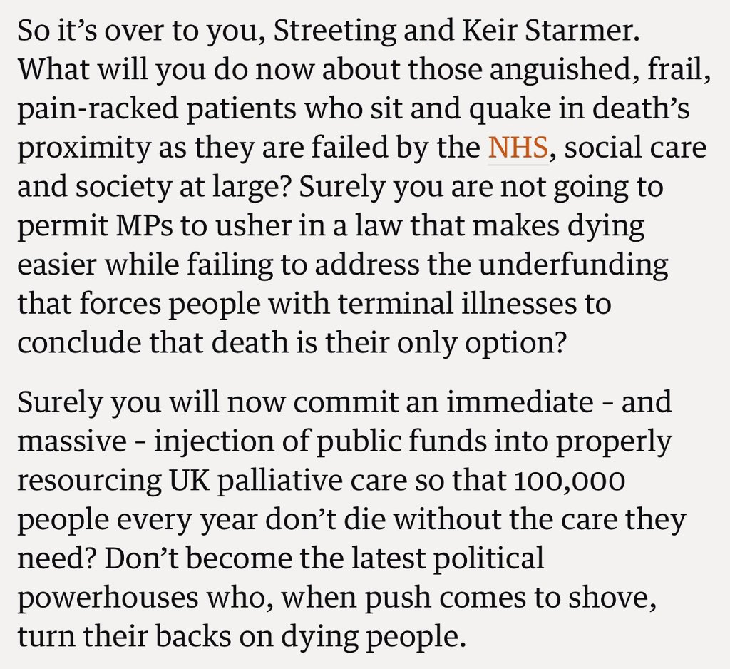 Dr Rachel Clarke (@doctor_oxford) on Twitter photo My direct, heartfelt appeal in today’s <a href="/guardian/">The Guardian</a> to <a href="/wesstreeting/">Wes Streeting</a> & <a href="/Keir_Starmer/">Keir Starmer</a> in the light of yesterday's vote on AD.
If you sincerely care about dying people, surely you will now publicly & urgently commit to proper funding for our threadbare palliative care? My direct, heartfelt appeal in today’s <a href="/guardian/">The Guardian</a> to <a href="/wesstreeting/">Wes Streeting</a> & <a href="/Keir_Starmer/">Keir Starmer</a> in the light of yesterday's vote on AD.
If you sincerely care about dying people, surely you will now publicly & urgently commit to proper funding for our threadbare palliative care?