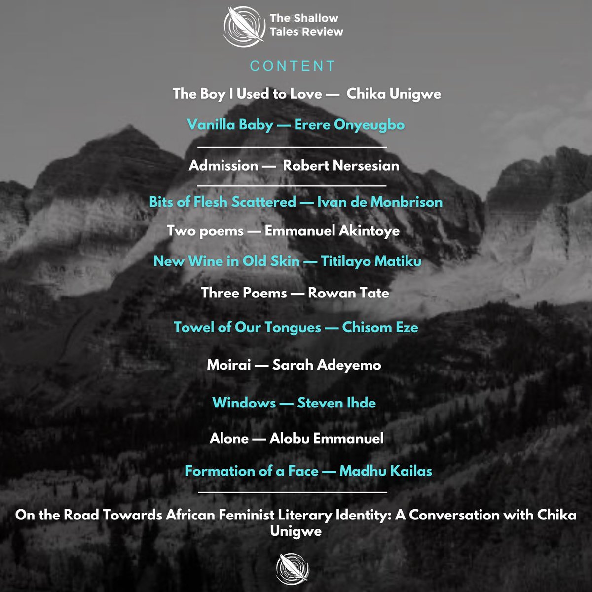 Issue 20 | November 2024 is live. Read the full collection from our website or link below.

Issue 20 features writers from Nigeria🇳🇬, India 🇮🇳, USA 🇺🇸, Romania 🇷🇴, and France 🇫🇷.

Headliner: Chika Unigwe (<a href="/chikaunigwe/">chika unigwe</a>).

Guest editor (fiction): <a href="/peclif/">Ifeanyichukwu.</a> 

theshallowtalesreview.com.ng/issue-20-novem…