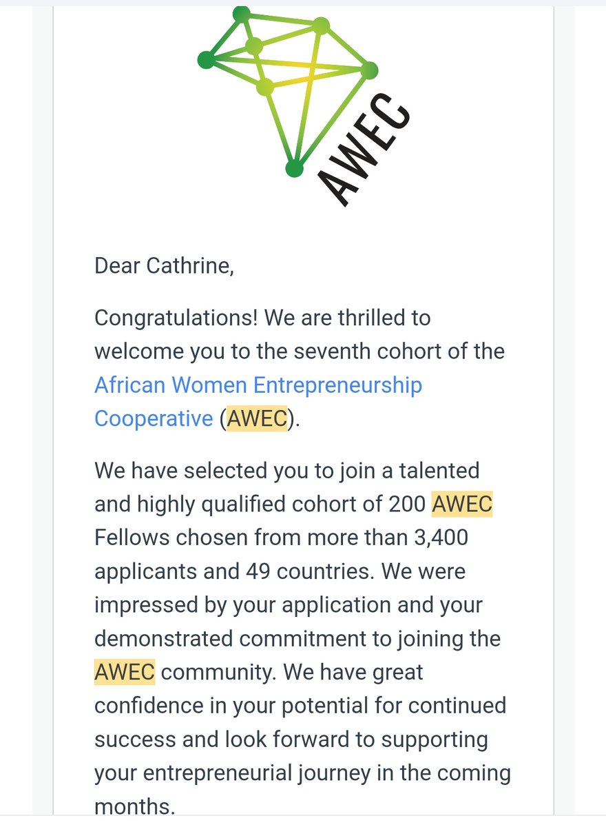 CathyMashy33's tweet photo. 🎉 Excited to share that I've been accepted into the 7th cohort of the African Women Entrepreneurship Cooperative (AWEC)! Grateful for this opportunity to learn, connect, and grow with a talented group of women entrepreneurs from around the world.  #AWEC #WomenInBusiness #equity https://t.co/chGqkZiDIh