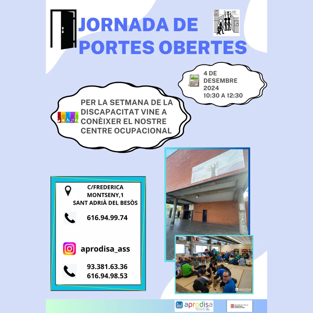 Amb motiu del Dia Internacional de les Persones amb Discapacitat, Aprodisa participa en diversos actes per commemorar aquesta data tan especial:

30/11 La música ens uneix.

3/12 Participarem en els actes organitzats.

4/12 Jornada de portes obertes al nostre Centre Ocupacional.