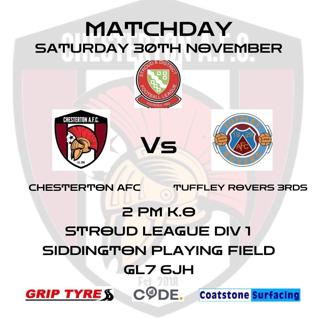 Back in action today as we host Tuffley 3rds.
Last time out ended in a 1-1 draw and we’ll be looking to improve on that result and keep the momentum going. UTC!

#chestertonafc #chezzie #utc #football