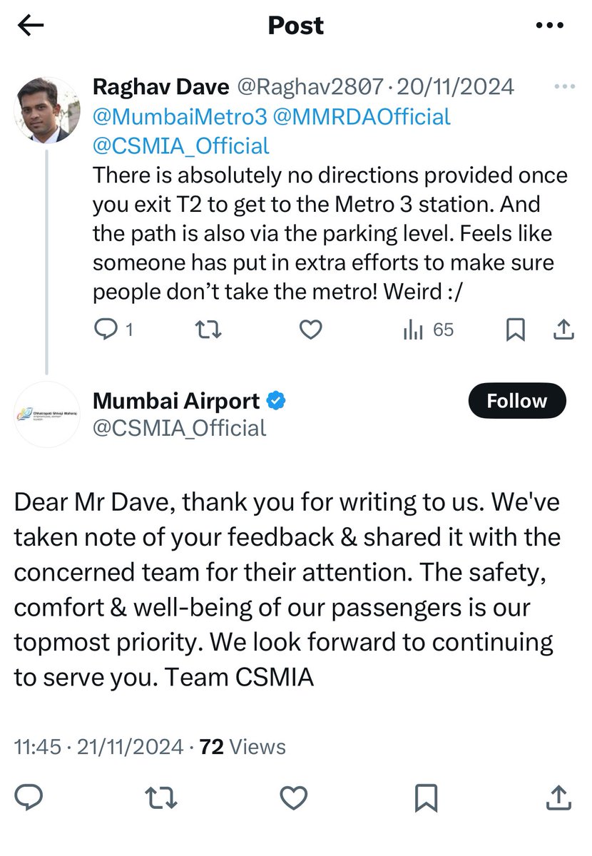 Raghav2807's tweet photo. Feels good to have your feedback addressed. Way to go @CSMIA_Official https://t.co/33I2J9b36q