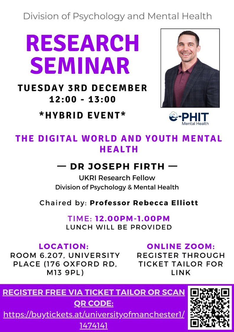 There’s still time to register for our seminar on Tuesday. Dr Joseph Firth - UKRI Research Fellow <a href="/FBMH_UoM/">UoM Biology, Medicine and Health</a>. <a href="/JosephFirthUoM/">Joseph Firth</a>  will be presenting on “The Digital World and Youth Mental Health”. Tuesday 3rd December, 12:00 - 13:00 *Hybrid seminar*. tickettailor.com/events/univers…
