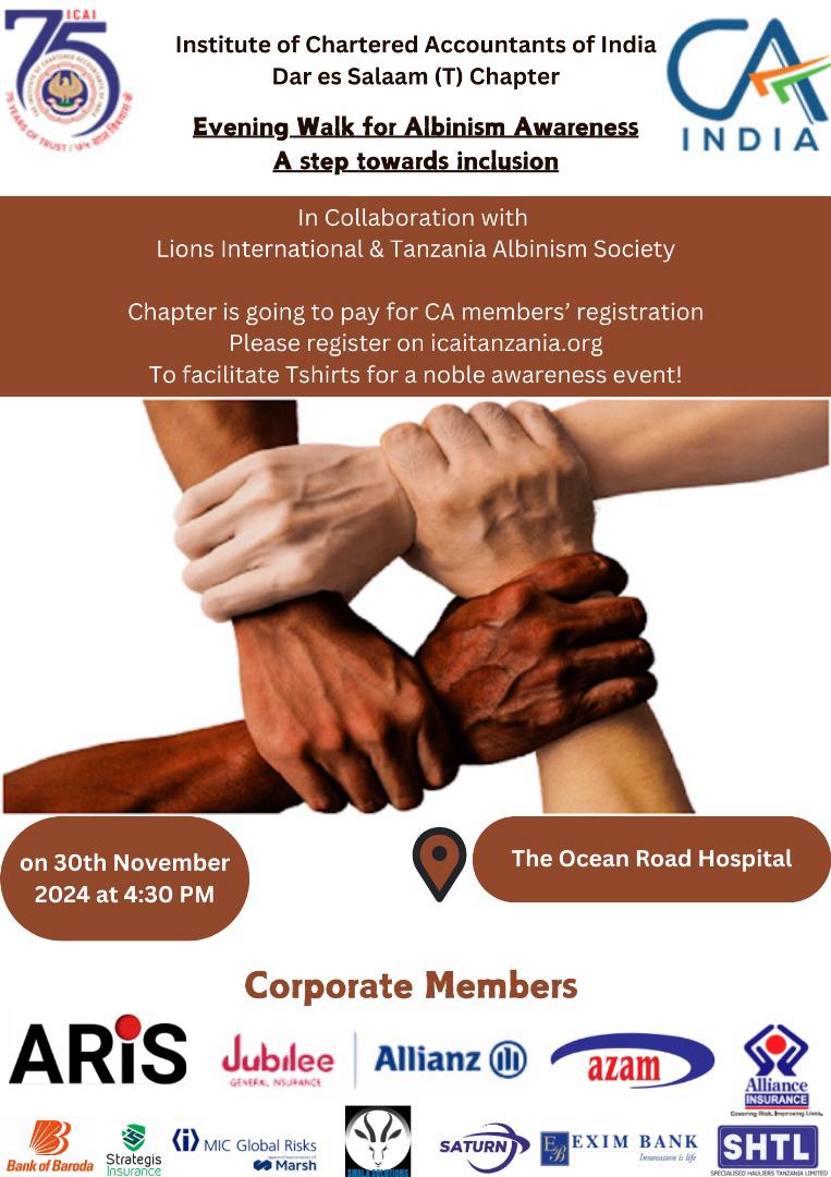 Sunset Walk for Albinism Awareness on 30-Nov-2024, 5:00 pm at Ocean Road Hospital, Dar es Salaam, in collaboration with Lions International &amp; Tanzania Albinism Society