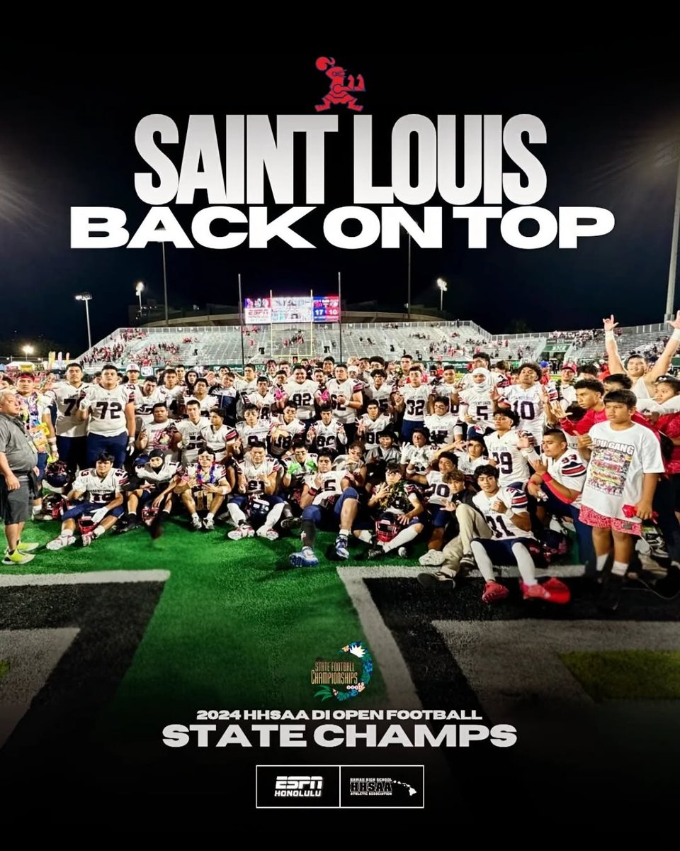 ESPN Honolulu (@espnhonolulu) on Twitter photo The Crusaders are your 2024 STATE CHAMPS!!!! ๐๐ A big congratulations to the #Brotherhood! <a href="/StLouisHawaii/">Saint Louis School</a>
Final: Saint Louis 17, Kahuku 10 The Crusaders are your 2024 STATE CHAMPS!!!! ๐๐ A big congratulations to the #Brotherhood! <a href="/StLouisHawaii/">Saint Louis School</a>
Final: Saint Louis 17, Kahuku 10