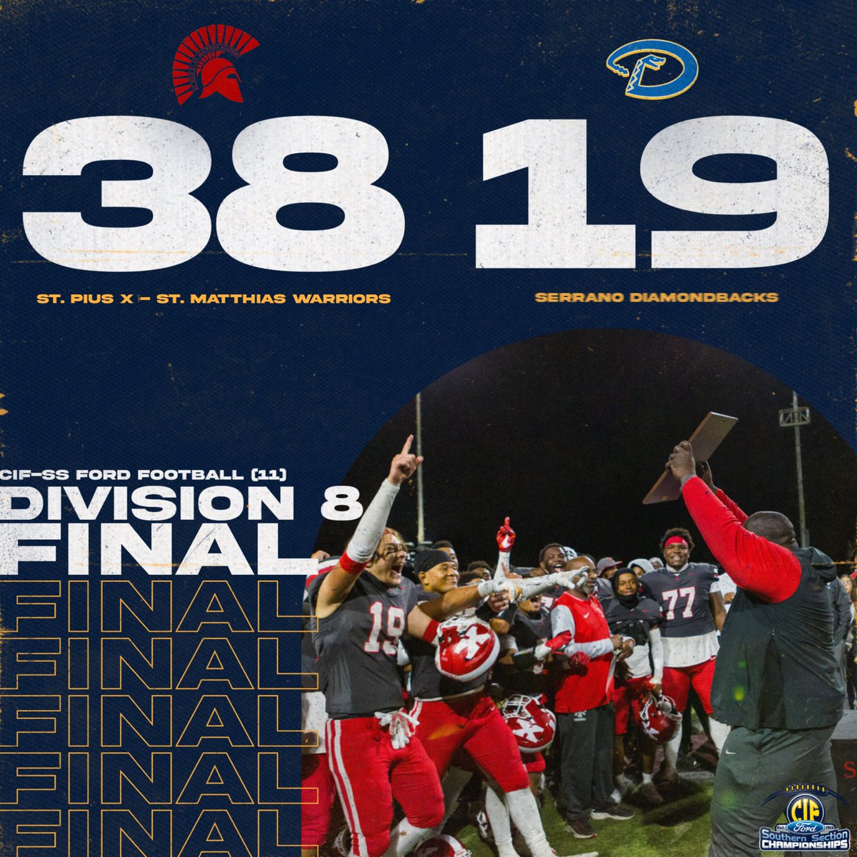The St. Pius X - St. Matthias Academy Warriors are your 2024 CIF Southern Section <a href="/SoCaliFord/">SoCalFord</a> Football(11) Division 8 𝓒𝓱𝓪𝓶𝓹𝓲𝓸𝓷𝓼 🏈🏆

#CIFSSFootball