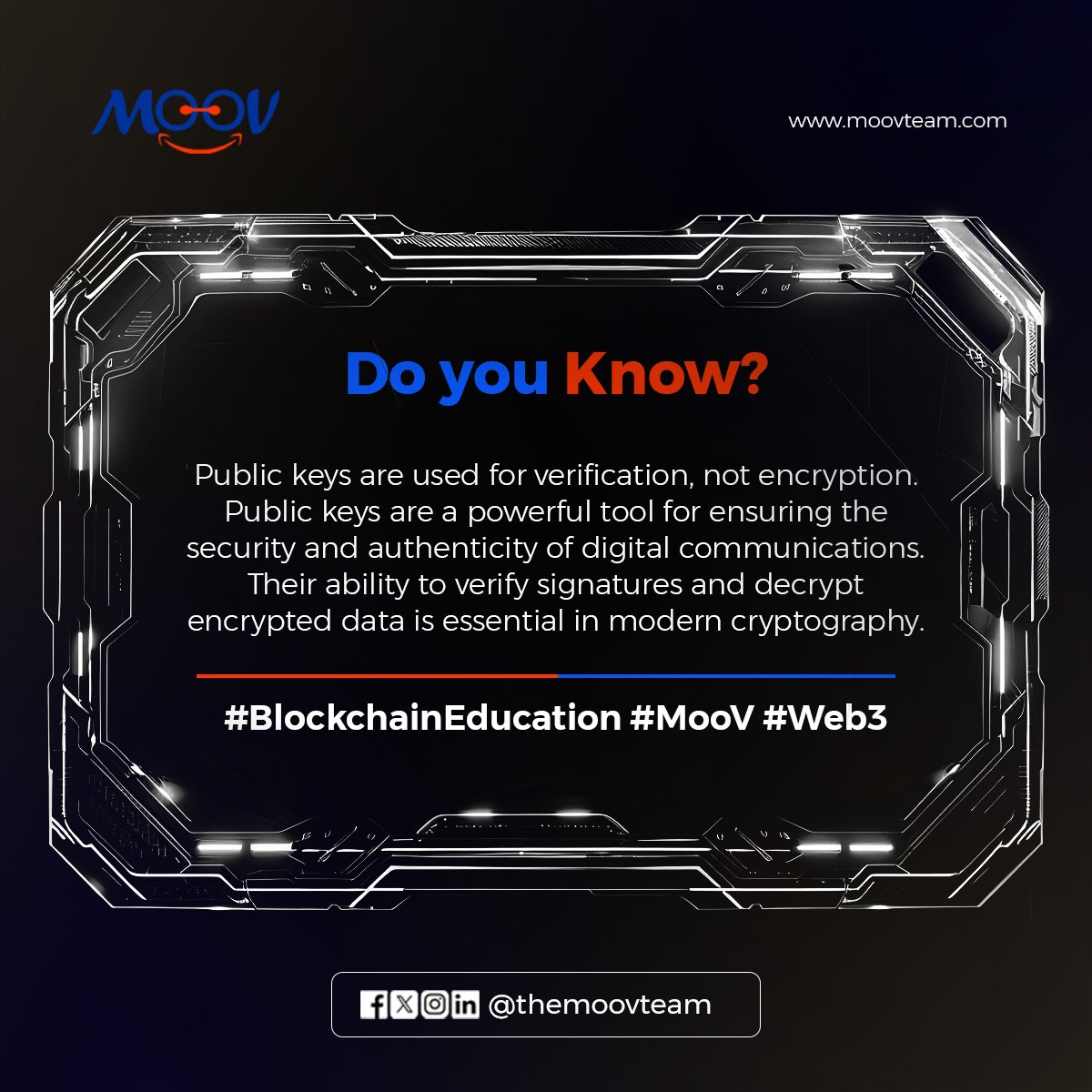 TheMoovTeam's tweet photo. Let's talk about Public keys today.
#BlockchainFunFacts #MooV #Web3 https://t.co/dHs2Cb36J7