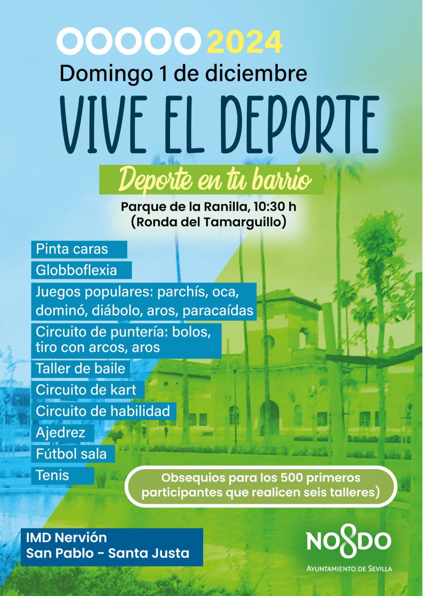 📣 ¡'Vive el deporte' llega este domingo al parque de la Ranilla 🛝🌳, en el Distrito Nervión!

Disfruta de multitud de deportes y actividades. 🖍️🎈🏓 ¡Los primeros 500 que completen seis talleres obtendrán un regalo! 🎁

🎉 Gratuito y sin inscripción.
⌚️ A partir de las 10:30 h.