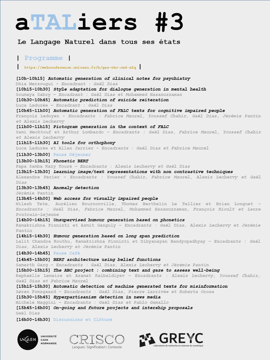 La troisième édition des #aTALiers a réuni chercheurs et étudiants du <a href="/GreycLab/">GREYC</a> et du #CRISCO autour de 17 projets en Traitement Automatique des Langues et Multimodalité #TAL #NLP #Multimodality <a href="/Universite_Caen/">Université de Caen Normandie</a> @cnrs <a href="/ENSICAEN/">ENSICAEN</a>