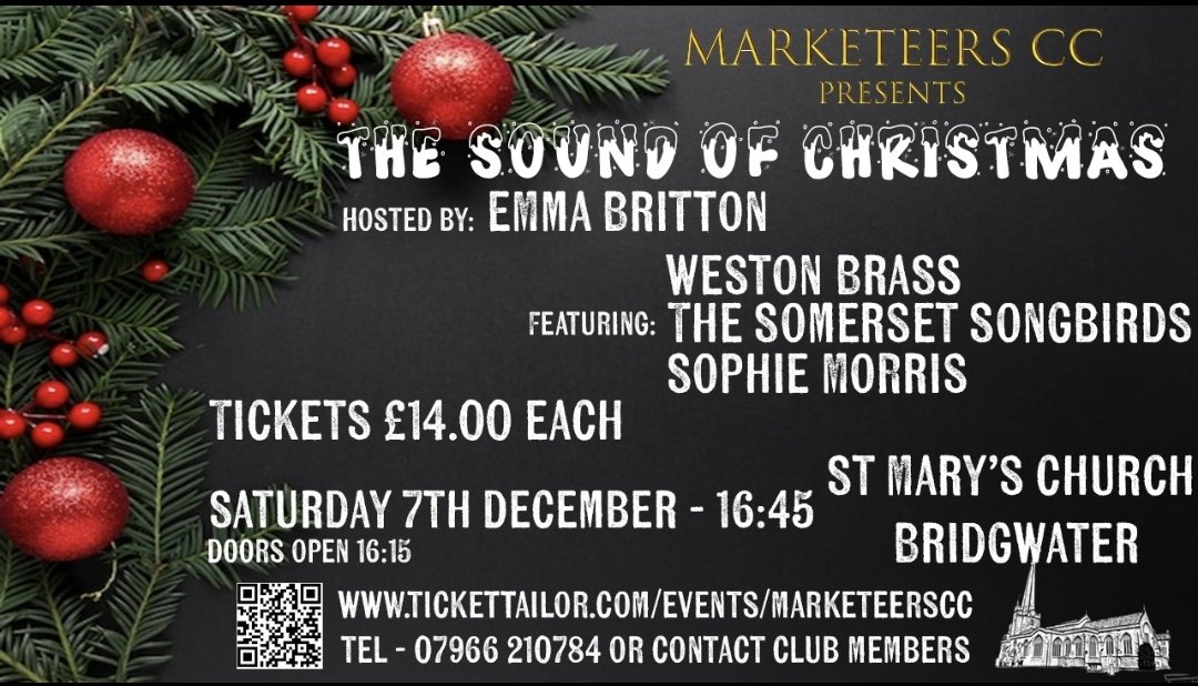 Only one week 'til we open the doors to our 'The Sound of Christmas' event

Start the festive season in style and come along to see <a href="/westonbrass/">Weston Brass</a> <a href="/sssongbirds/">Somerset Songbirds</a>
All hosted by the wonderful <a href="/theemmabritton/">Emma Britton</a> 

Tickets available from club members or this link

buytickets.at/marketeerscc/1…