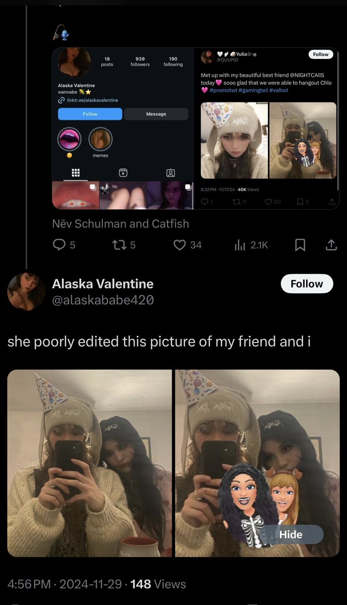stop_mia23616's tweet photo. @StonyBird44 do you want to explain how @alaskababe420 came out herself and said @QUUPlD was a catfish account. Mia caught in another lie.  Do you think it’s a coincidence this is her 2nd “friend” that got outed as a catfish https://t.co/zoTR2hOBGJ