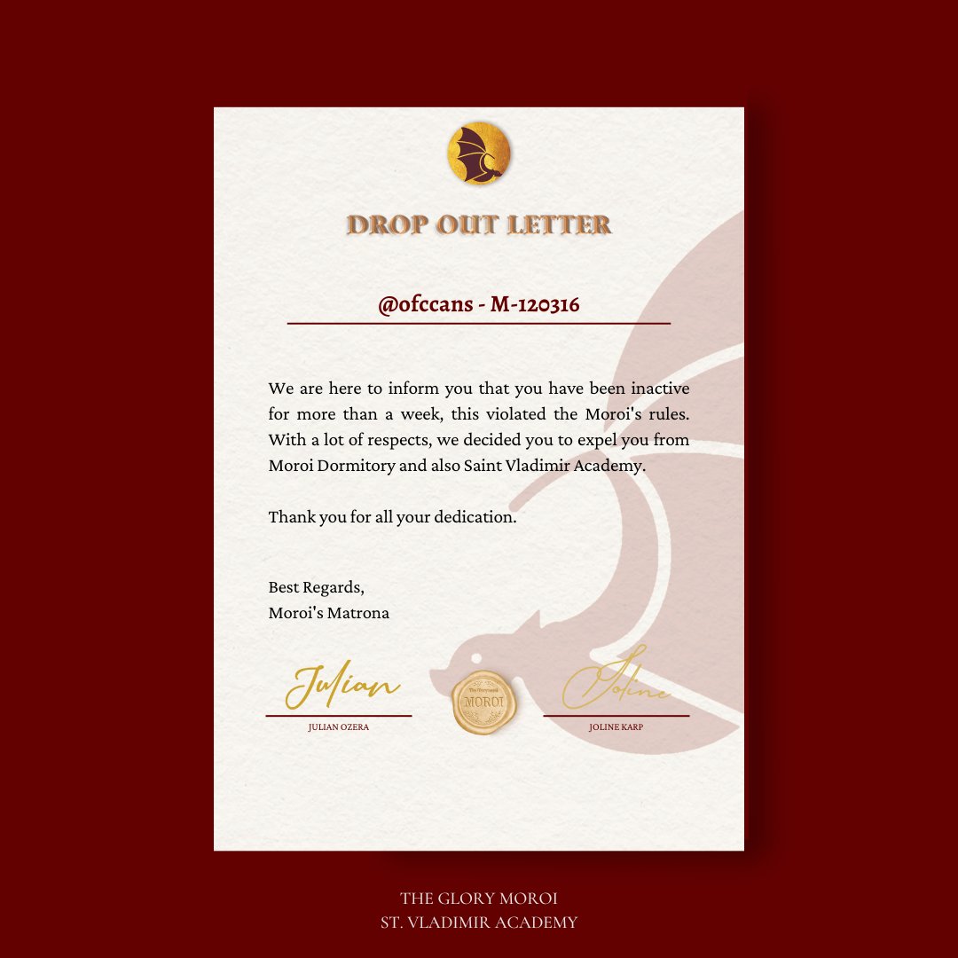 ㅤ

𝐃𝐑𝐎𝐏 𝐎𝐔𝐓 𝐋𝐄𝐓𝐓𝐄𝐑
Issued on November, 30.

Dearest, <a href="/ofccans/">Wonyoung</a> - M-120316. 

Take care and have a great life ahead.

Cc: <a href="/VladimirAcademy/">Vladimir Academy</a> <a href="/VNA_Nation/">VNA NATION</a> <a href="/VladimirDatum/">𝐃𝐚𝐭𝐮𝐦</a> <a href="/Sir_JOzera/">Jo.</a> <a href="/Ms_JKarp/">Joline.</a> <a href="/attrazt/">Kafka.</a> <a href="/noctimoan/">Yudo</a> <a href="/nitnous/">Ale.</a> @beforenaight

ㅤ