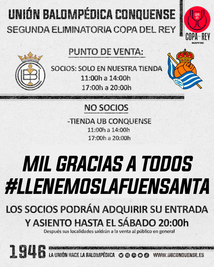 📢 #UBConquense❗ 

Buenas tardes #balompédicos

Queremos informar que a partir de esta tarde las entradas se venderán únicamente en la tienda del club situada en el Centro Comercial El Mirador, disculpen las molestias.
  
⚠️Recordar también a los socios que tienen hasta esta