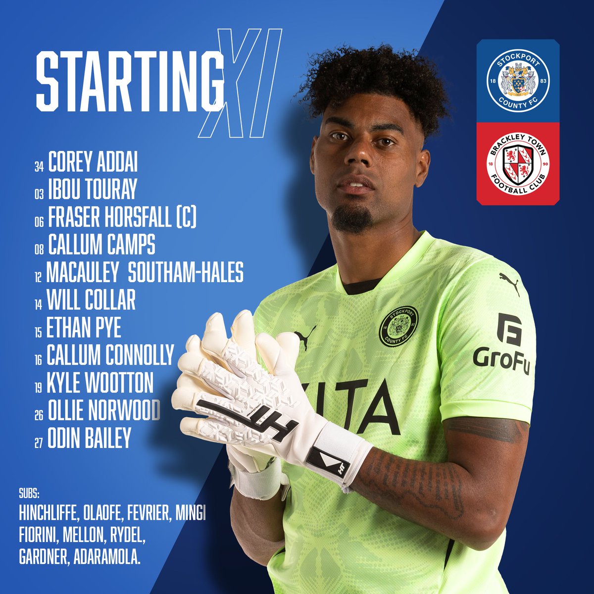 📋 Your Emirates FA Cup Hatters this afternoon...

Four changes for County, as Corey Addai, Ibby Touray, Callum Camps and Odin Bailey come into the side.

Sam Hughes, Louie Barry, Lewis Bate and Jack Diamond miss out through illness.

#StockportCounty