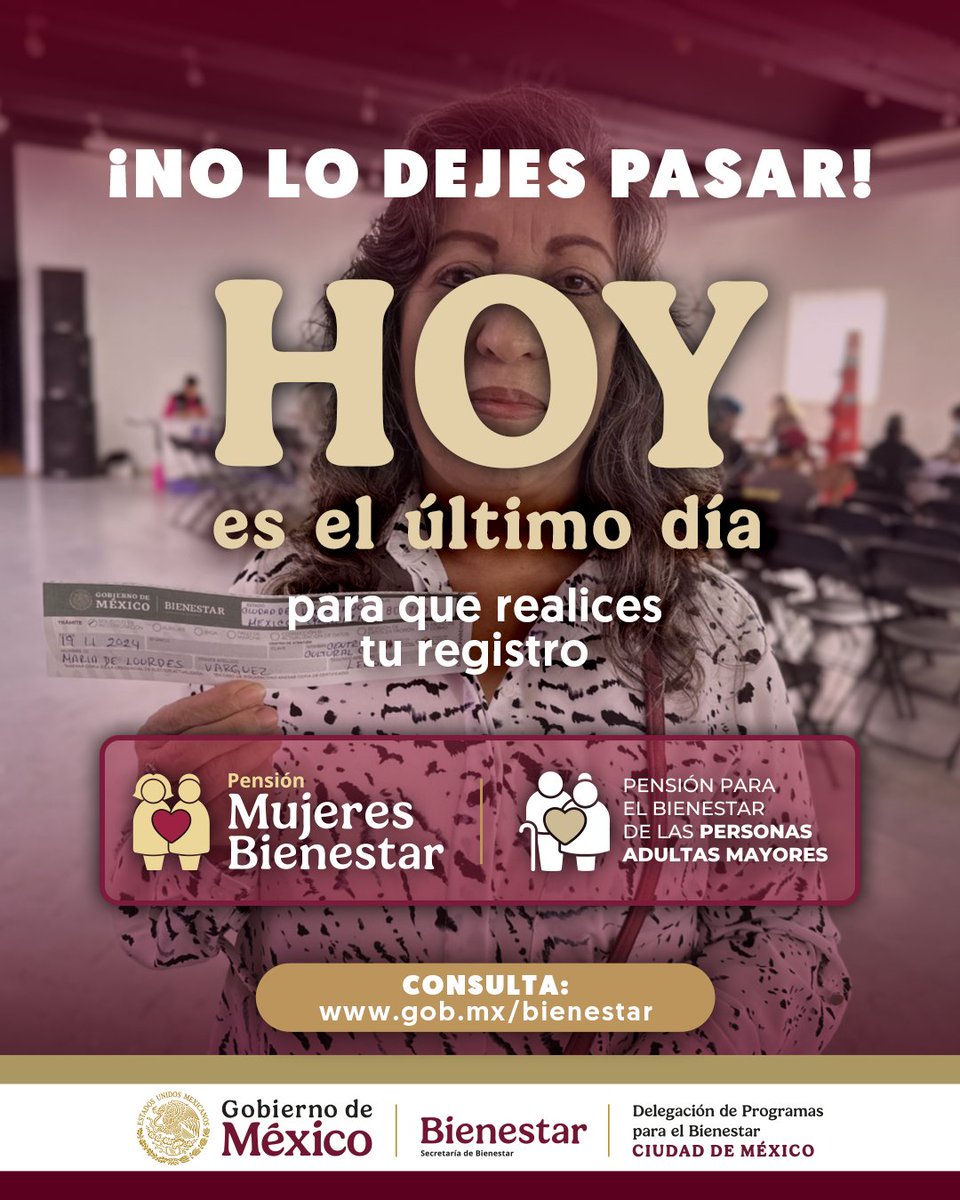 Bienestar_CDMX's tweet photo. 📢 ¡ÚLTIMO DÍA! 📢

Hoy se cierra el registro para la #PensiónAdultoMayor y #PensiónMujeresBienestar, apresúrate y acude a tu #MóduloBienestar antes de las 4 pm. ⏰️🏃🏻‍♀️

Consulta los requisitos que debes cumplir para cada uno: https://t.co/x8LybC6bFx. 🤔💭

#CiudadDelBienestar https://t.co/fuK8PgzJBe