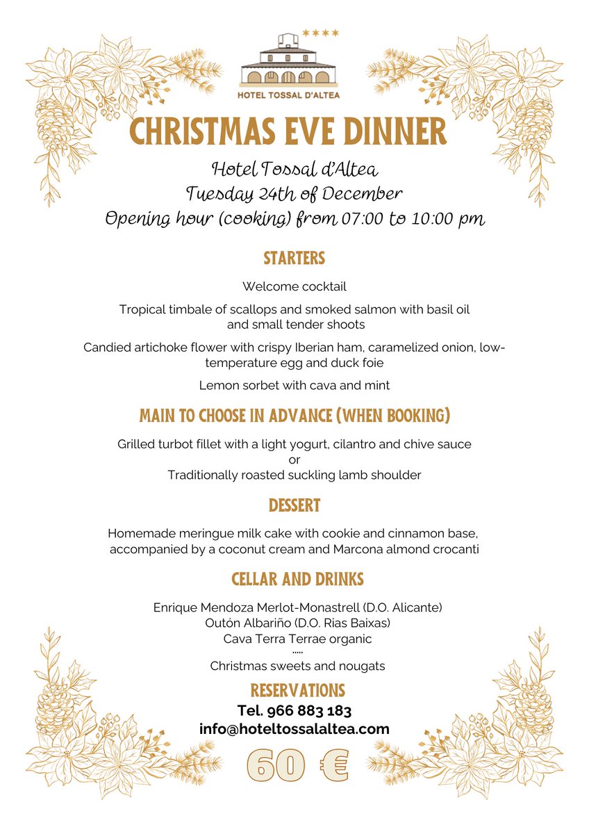 hoteltossal's tweet photo. Si os apetece compartir una velada gastronómica con los vuestros, aquí tenéis una buena propuesta para la cena de #Nochebuena . Para reservar, podéis optar por uno de nuestros canales habituales: teléfono, email o reserva online en la web del hotel. #hoteltossalaltea https://t.co/zgjSgWi2DA