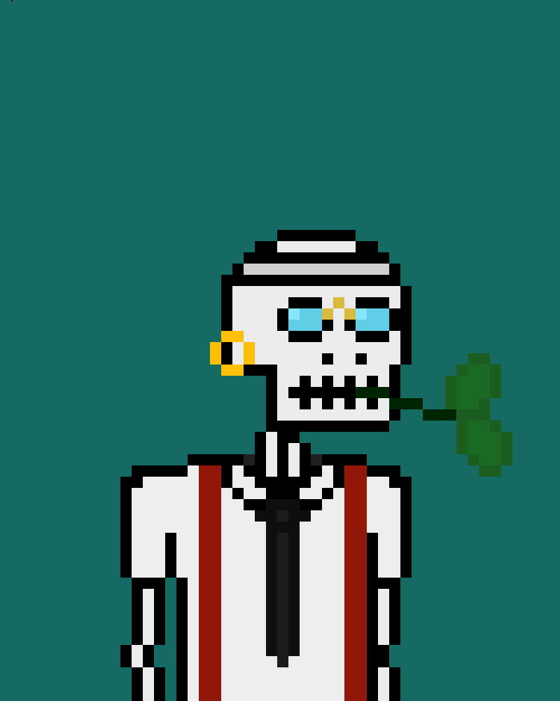 _PixelSkeletons's tweet photo. 🌟With impeccable style, this white skeleton sports a gold earring and Quevedo-type glasses, radiating elegance and wisdom.
His sports headband adds a bold touch, 🌿 and a two-leaf clover rests in his mouth as a symbol of fortune.💀✨

#NFT #NFTGiveaway #NFTCommunity #NFTs https://t.co/zKZy9vN40r