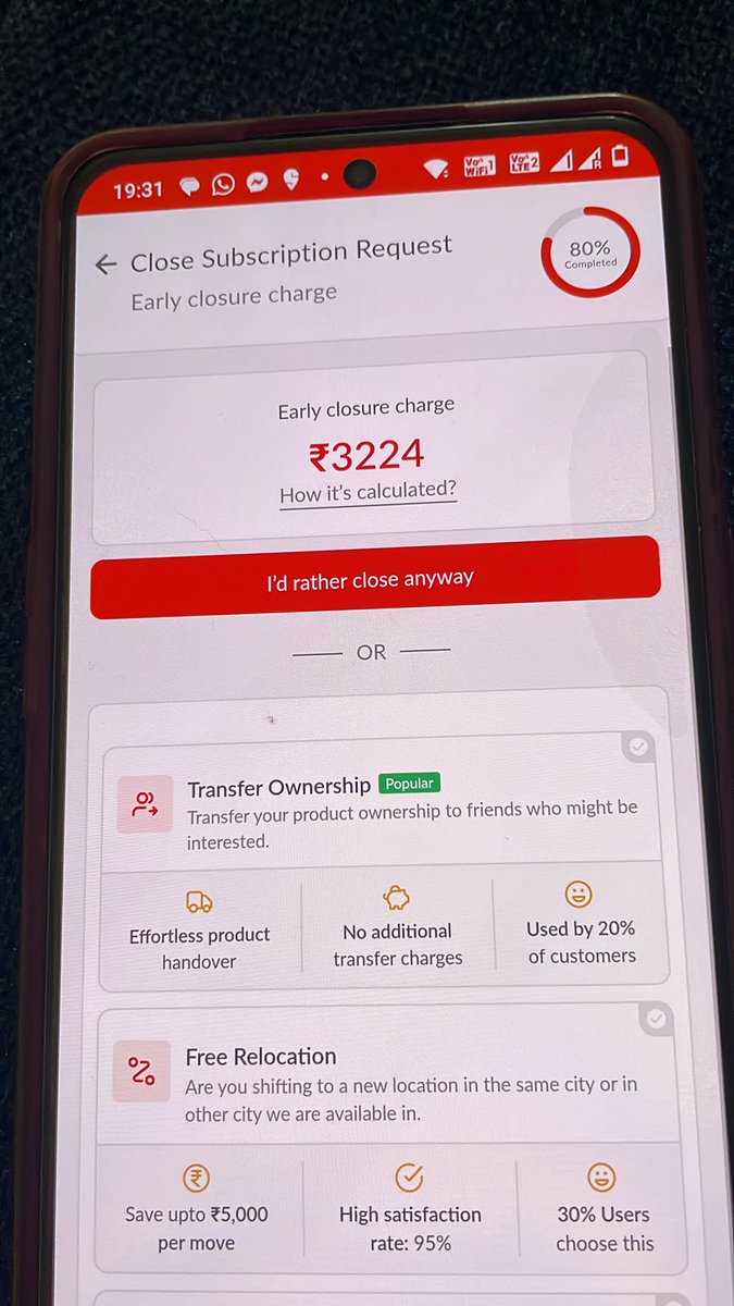 abhismnit's tweet photo. @rentomojo why closure charges, I am moving to Jaipur which as part of your service cities but the areas is under non serviceable, I have no issue continuing my subscription if you can transfer stuff.
early closure charges is this kind of fraud ? @FurlencoSupport  you also do ? https://t.co/QIPW8WSFaL