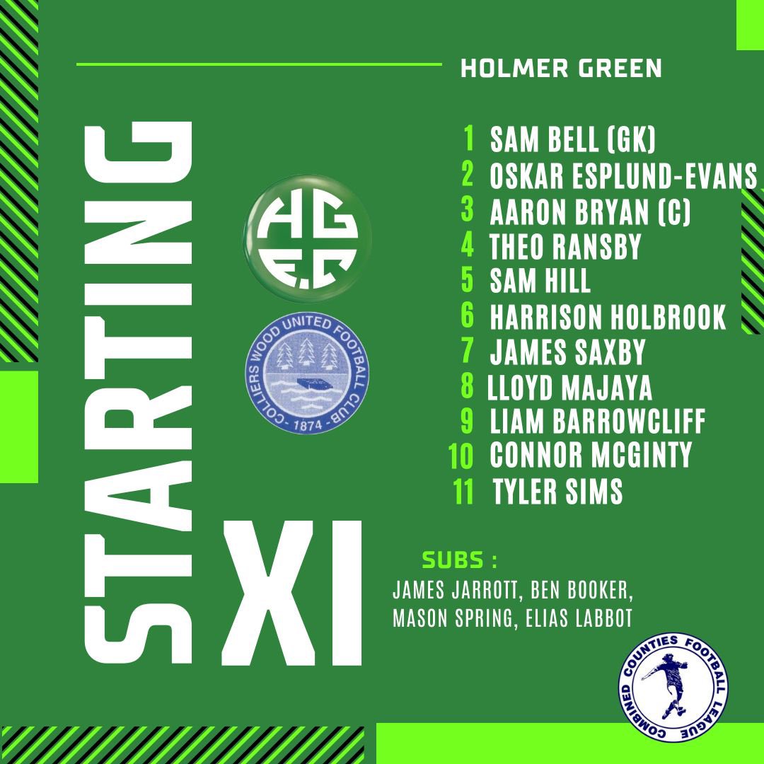 📋 𝐓𝐄𝐀𝐌 𝐍𝐄𝐖𝐒

Here’s your Holmer Green team to take on Colliers Wood this afternoon. 

Liam Barrowcliff starts upfront while James Jarrott returns to the squad.

#GreenArmy