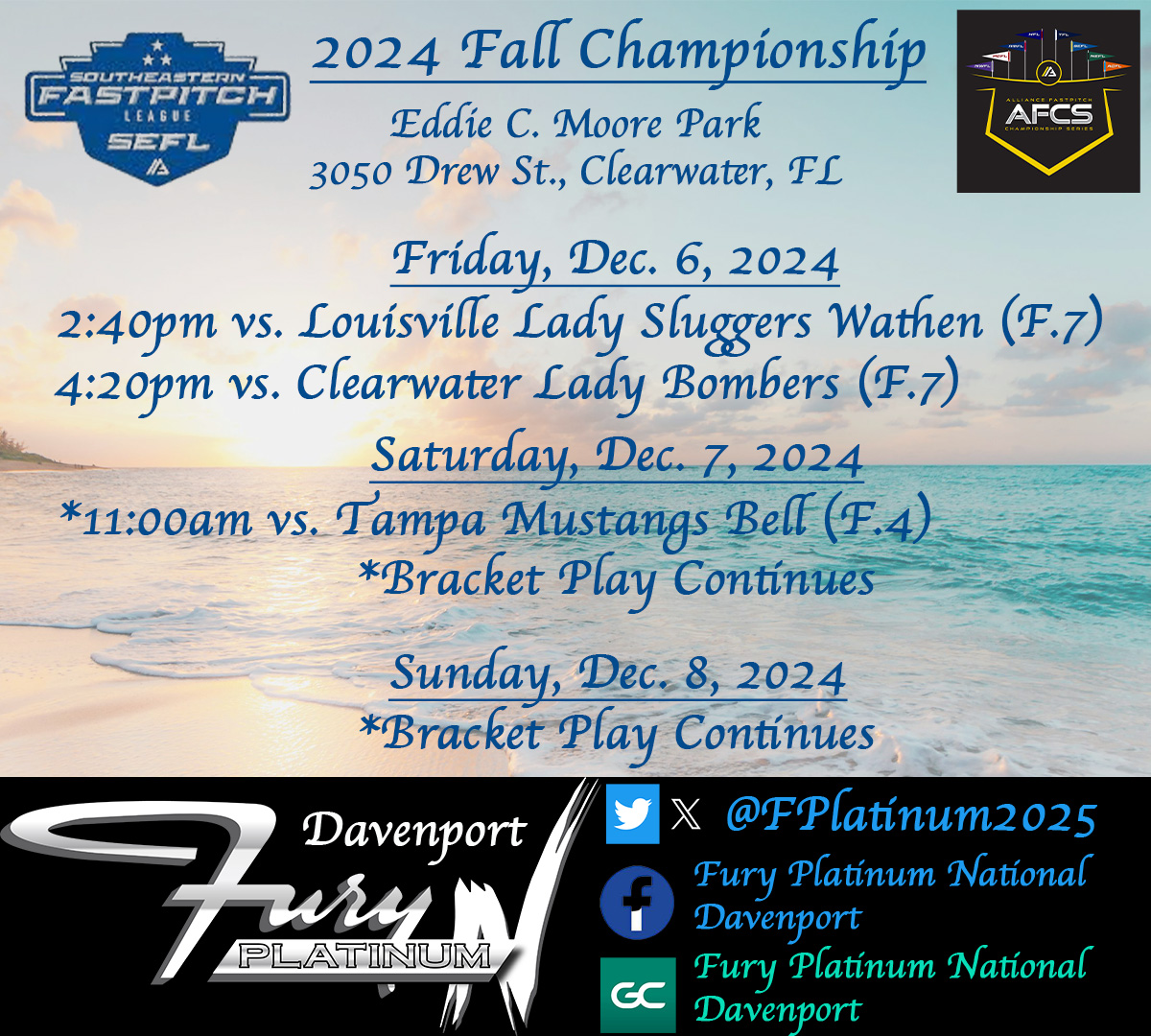 Fury Platinum National Davenport (2025) (@fplatinum2025) on Twitter photo Time to finish strong at SEFL Fall Championships in Clearwater, FL! Let's Go! <a href="/FuryPlatinum/">FuryPlatinumSoftballClub</a> <a href="/thealliancefp/">The Alliance Fastpitch</a> Time to finish strong at SEFL Fall Championships in Clearwater, FL! Let's Go! <a href="/FuryPlatinum/">FuryPlatinumSoftballClub</a> <a href="/thealliancefp/">The Alliance Fastpitch</a>