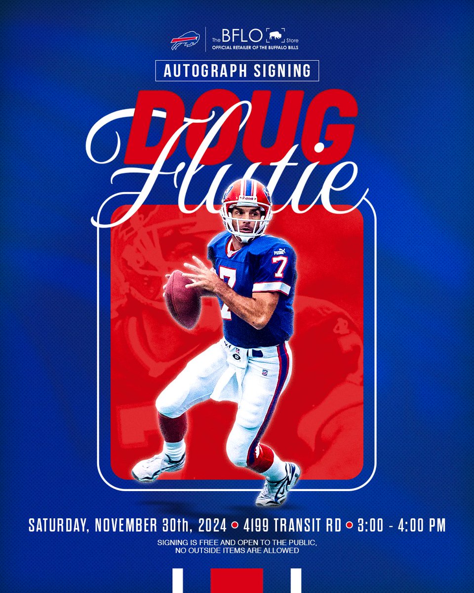 The BFLO Store (@thebflostore) on Twitter photo We can't wait to have <a href="/BuffaloBills/">Buffalo Bills</a> Legend of the Game, <a href="/DougFlutie/">Doug Flutie</a> at our Transitown flagship store today for a FREE autograph signing! 🏟️ 🏈
✍️ This is a FREE signing, open to the public from 3:00pm - 4:00pm
🗓️ November 30th, 2024
📍 4199 Transit Road, Williamsville, NY. We can't wait to have <a href="/BuffaloBills/">Buffalo Bills</a> Legend of the Game, <a href="/DougFlutie/">Doug Flutie</a> at our Transitown flagship store today for a FREE autograph signing! 🏟️ 🏈
✍️ This is a FREE signing, open to the public from 3:00pm - 4:00pm
🗓️ November 30th, 2024
📍 4199 Transit Road, Williamsville, NY.