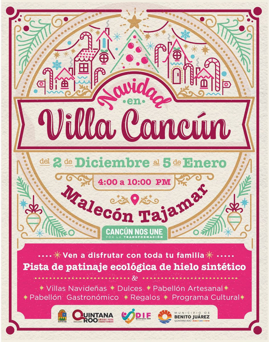MaraLezama's tweet photo. 🎄Amigas y amigos de #Cancún, del 2 de diciembre al 5 de enero l@s esperamos en el Malecón #Tajamar desde las 4:00 p.m, para disfrutar de la Navidad en Villa Cancún ¡Vengan con toda la familia! Habrán muchísimas actividades, pista de patinaje ecológica ⛸️, regalos 🎁 y grandes sorpresas ✨.

¡La magia de la Navidad está llegando a #QuintanaRoo! 🎅🏼 

#UnidosParaTransformar
