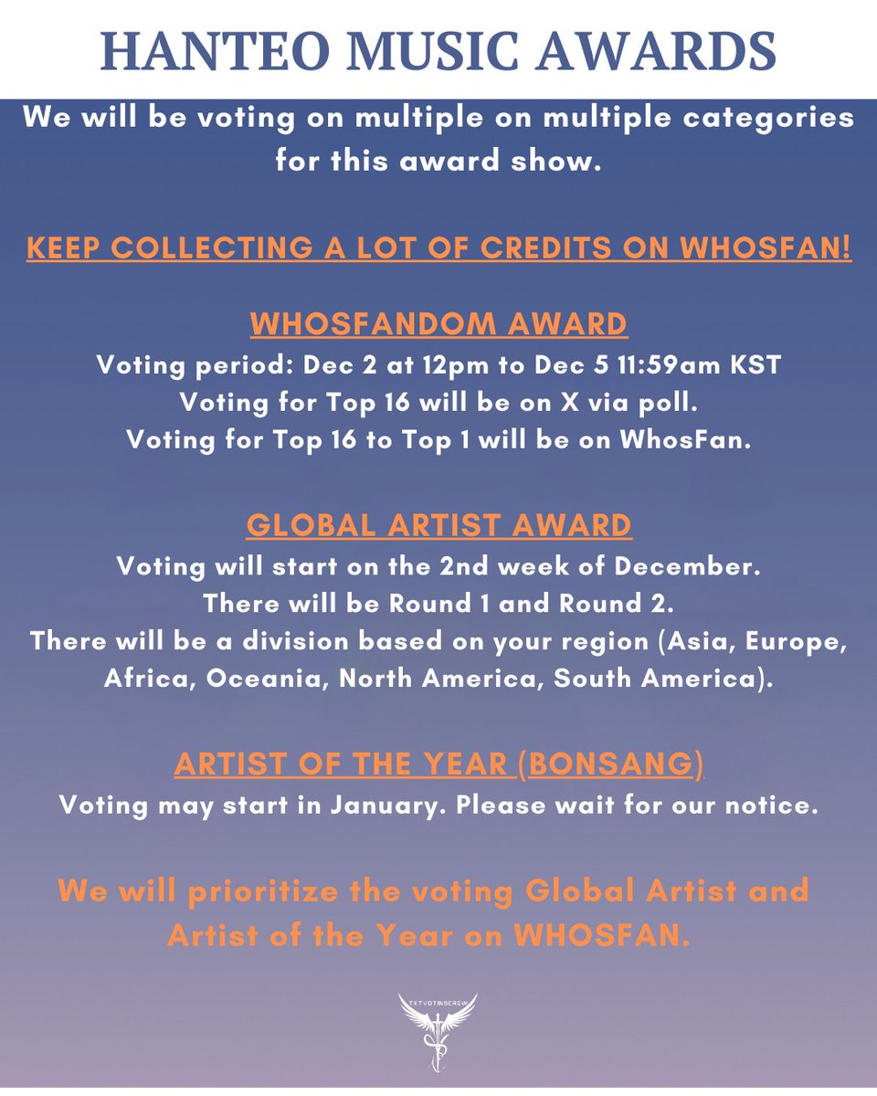 Here's a reminder to collect on WHOSFAN for HANTEO MUSIC AWARDS 📢

We will be voting on multiple categories for this award show so please keep collecting 🙏

#MO4TXT #MOAisONE
#TOMORROW_X_TOGETHER

x.com/txtvotingcrew/…