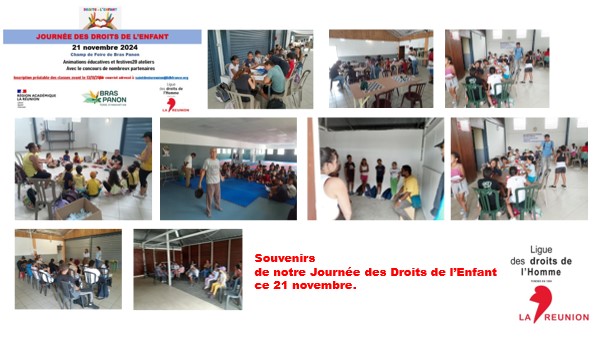 Quelques photos souvenirs de la Journée des Droits de l’Enfant ce 21 novembre à Bras Panon, avec quelques 800 marmailles, de nombreux bénévoles et partenaires sympathiques. Merci et bravo à tous !