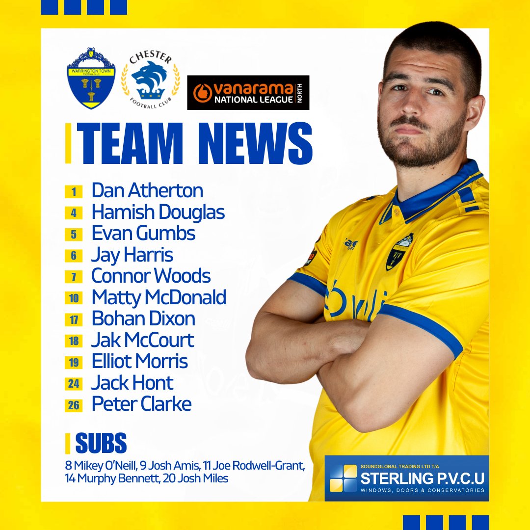 TEAM NEWS 📝

Here is your Yellows line-up for this afternoon's clash at home to Chester, with Jay Harris returning to the starting line-up.

Listen live from 3pm mixlr.com/theyellows