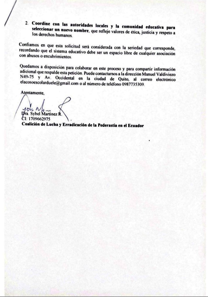 sybelmartinez's tweet photo. 🔴 La Coalición de Lucha y Erradicación de la Pederastia en el Ecuador hemos solicitado a @Educacion_Ec cambie el nombre de la Unidad Educativa Siglo XXI Monseñor Emilio Stehle en Santo Domingo de los Tsáchilas. Stehle fue un pederasta endurecido que no solo abuso de menores de edad sino de personas vulnerables.

Una investigación realizada por la Conferencia Episcopal Alemana determinó que Stehle, además de ser un activo pederasta clerical, facilitó el traslado a nuestro país de alrededor de 26 sacerdotes con sus mismos antecedentes, a quienes se encargaba de asignarles parroquias, trasladarlos a otros países, e inclusive realizar gestiones necesarias para sacarlos de la cárcel cuando eran acusados de delitos sexuales contra niñas, niños y adolescentes así como de personas adultas.

Confiamos que nuestro pedido sea escuchado, que una escuela lleve el nombre de un individuo señalado por graves delitos perpetrados en contra de menores de edad no solo perpetua su memoria con una probidad que carece también revictimiza a las personas a las cuales causó enorme daño y sufrimiento con sus crímenes.

#ImpunidadSagrada
@AsambleaEcuador @VivianaVelozEc @FiscaliaEcuador @DEFENSORIAEC