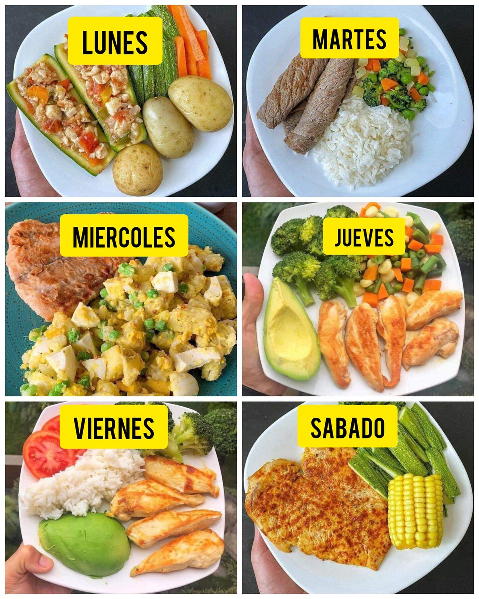 NutriologoGiron's tweet photo. Menú semanal

-Lunes
Calabazas rellenas de pollo
Papas horneadas

-Martes
Carne de res
Arroz
Verduras

-Miercoles
Papa con huevo
Filete asado

-Jueves
Pollo asado
Aguacate
Verduras

-Viernes
Pechuga asada
Verduras
Aguacate
Arroz

-Sabado
Carne asada
Elote o cocho
Verduras https://t.co/9PM0cUvB8d