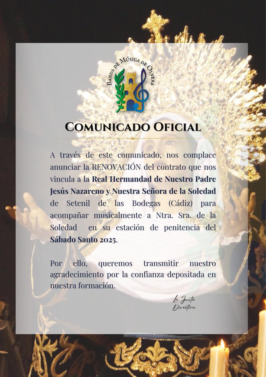 bandamolvera's tweet photo. 🔴𝐂𝐨𝐦𝐮𝐧𝐢𝐜𝐚𝐝𝐨 𝐨𝐟𝐢𝐜𝐢𝐚𝐥

𝐒𝐀́𝐁𝐀𝐃𝐎 𝐒𝐀𝐍𝐓𝐎 en ✨#Soledad 

#𝐎𝐥𝐯𝐞𝐫𝐚𝐒𝐮𝐞𝐧𝐚 #𝐁𝐚𝐧𝐝𝐚𝐝𝐞𝐨𝐥𝐯𝐞𝐫𝐚 #𝐒𝐨𝐥𝐞𝐝𝐚𝐝 #𝐒𝐚𝐛𝐚𝐝𝐨𝐒𝐚𝐧𝐭𝐨𝟐𝟎𝟐𝟓 #semanasanta2025 https://t.co/tVlh7ulXkH
