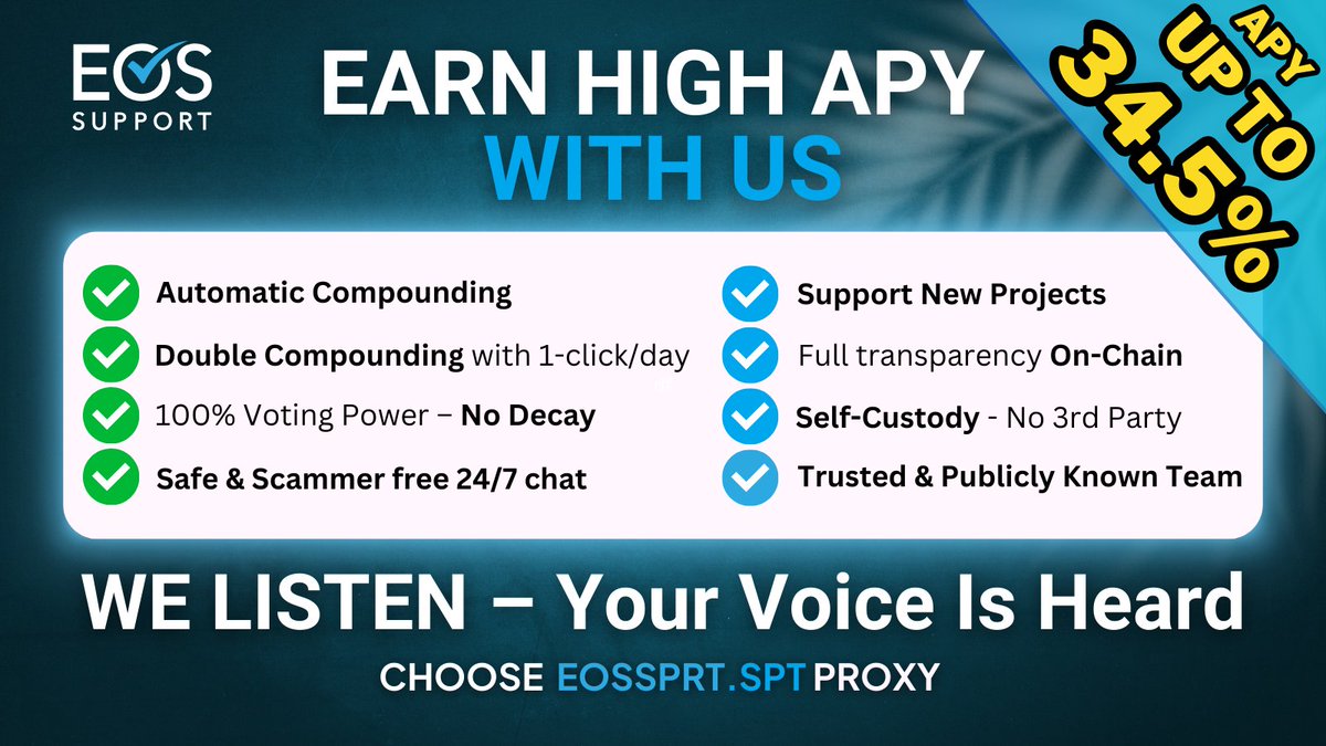 Stake your EOS with us &amp; earn up to 34.5% APY!
👉 eossupport.io/earn_eos?utm_s…

Your EOS stays in your wallet. Period.

Not sure how to do it? Follow our step by step article: 
help.eossupport.io/en/articles/83…