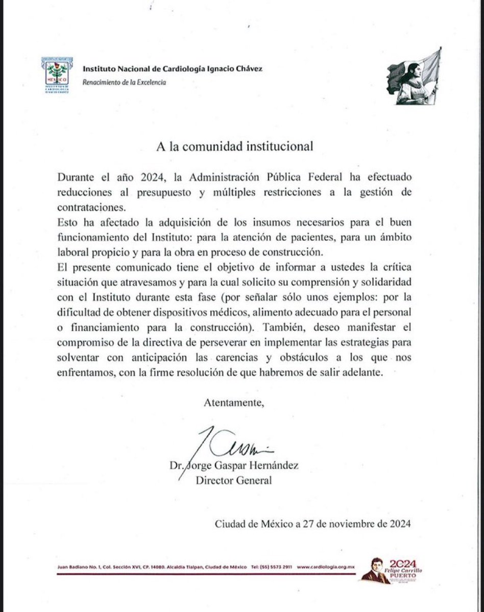 El director del Instituto Nacional de Cardiología en México tiene una vida de trabajo en la institución. Nos dice  que la situación es crítica.
La administración actual debe aceptar que recibió un sistema de salud en colapso y no se puede permitir más recortes presupuestales.