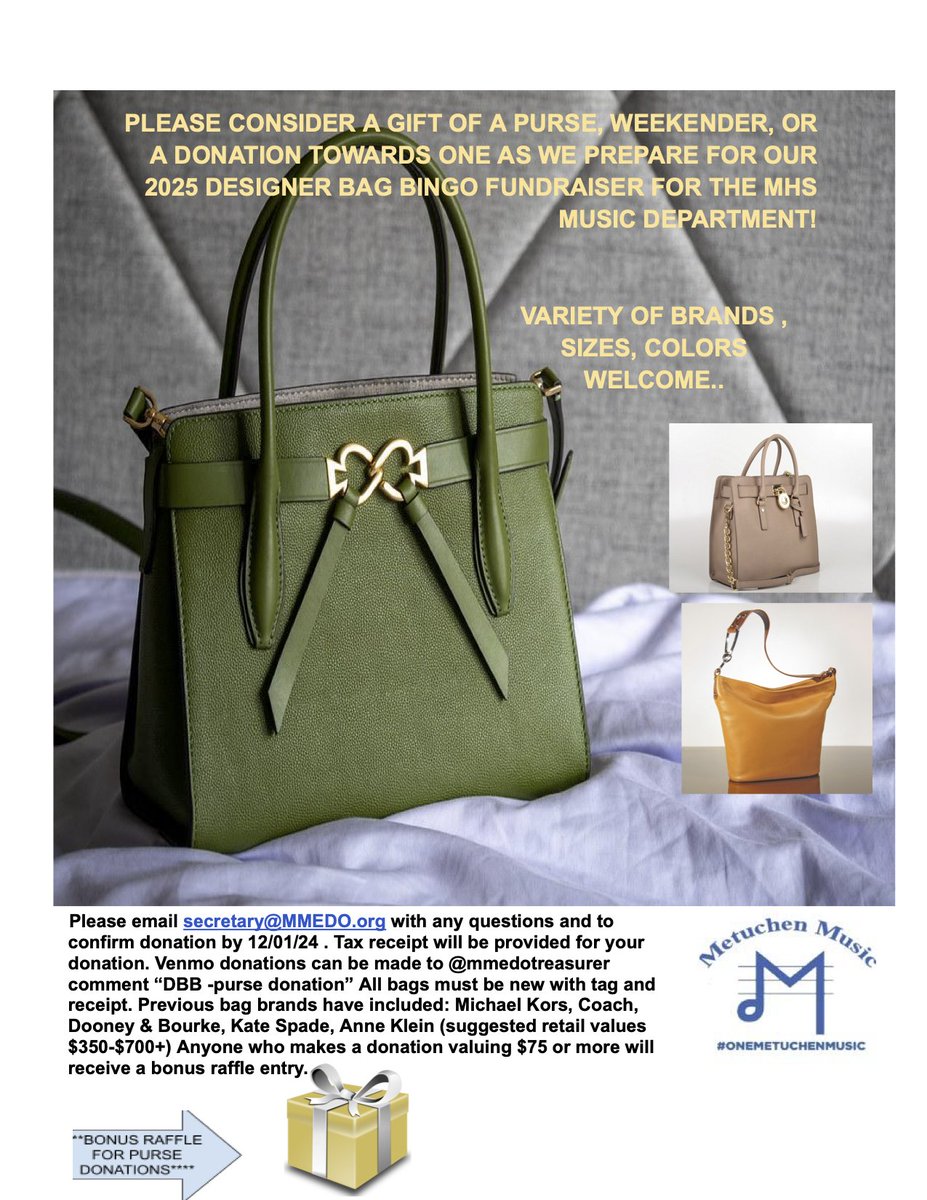📷
mmedo_metuchen_music
Get ready for Designer Bag Bingo in February! As you go about your holiday shopping, please consider gifting MMEDO a designer purse or a donation towards purses. Email secretary@mmedo.org if you have any questions. Wishing you a joyous holiday season 😊