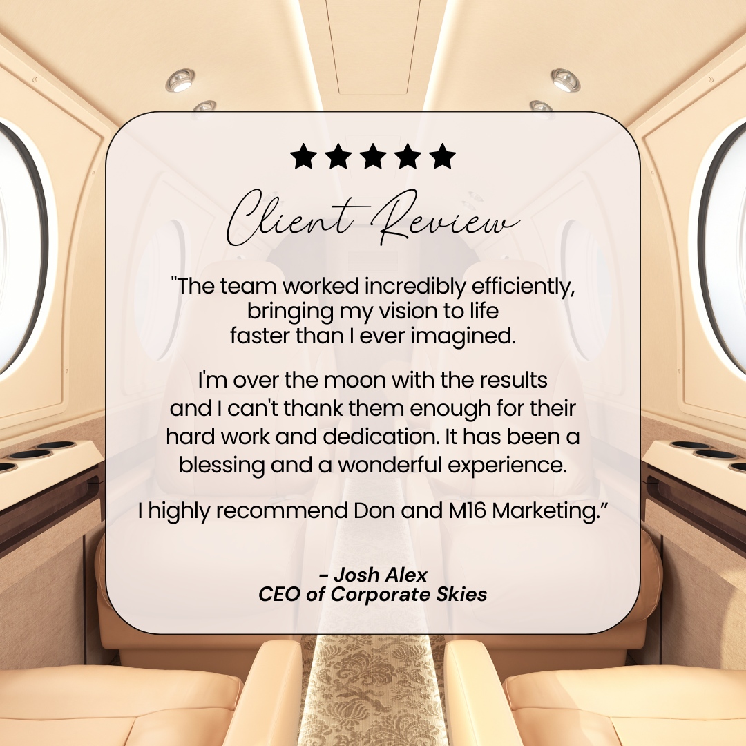 ⭐ "M16 Marketing brought my vision to life faster than I ever imagined." Thank you to Josh Alex, CEO of Corporate Skies, for this amazing review! We’re passionate about exceeding expectations. 🚀

#ClientReview #Testimonial #M16Marketing