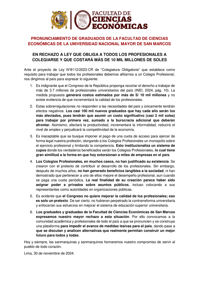 GraduadosEconSM's tweet photo. Pronunciamiento

EN RECHAZO A LEY QUE OBLIGA A TODOS LOS PROFESIONALES A COLEGIARSE Y QUE COSTARÁ MÁS DE 10 MIL MILLONES DE SOLES

Ante el proyecto de Ley de “Colegiatura Obligatoria” que establece que para trabajar los profesionales debemos afiliarnos a un Colegio Profesional. https://t.co/mCmPVmU1pq
