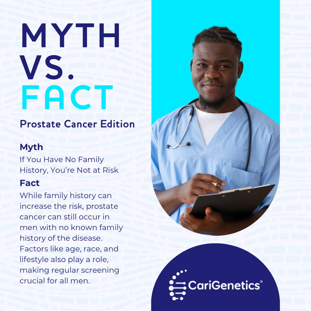 CariGenetics (@carigenetics) on Twitter photo Family history is just one piece of the puzzle. Prostate cancer can affect men with no family history, especially as they age. 
Other factors, such as race and lifestyle, also influence risk. This is why all men, regardless of family history, should stay informed and consider Family history is just one piece of the puzzle. Prostate cancer can affect men with no family history, especially as they age. 
Other factors, such as race and lifestyle, also influence risk. This is why all men, regardless of family history, should stay informed and consider
