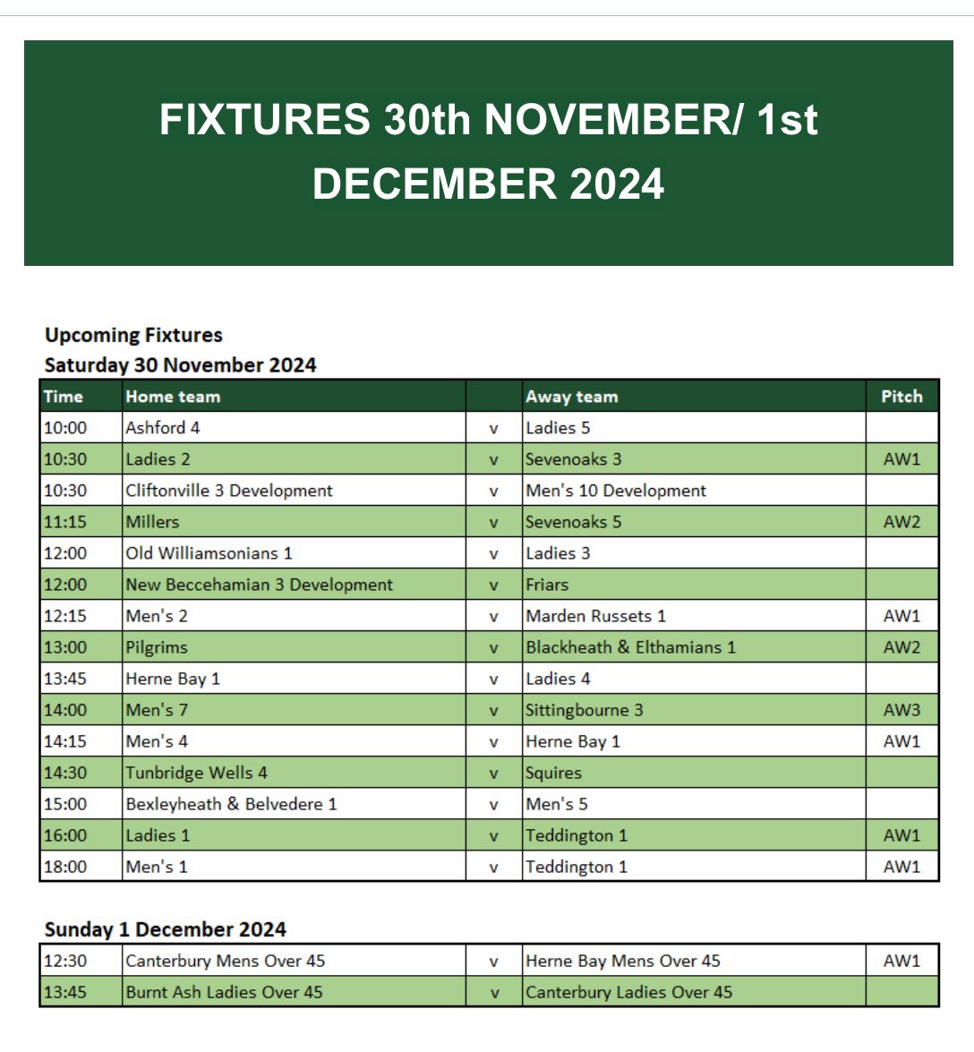 This weekend’s fixtures from Canterbury Hockey Club