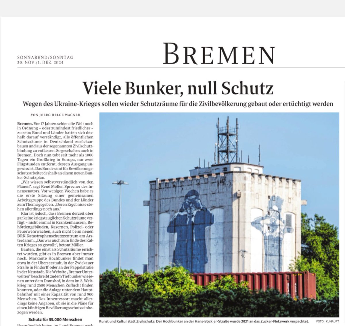 ArnoGottschalk's tweet photo. Bunker als Beruhigungspille? Vor der Instandsetzung von Bunkern sollte klar sein, welches Kriegsszenario überhaupt denkbar ist. Sicherlich keine Bombardements aus der Luft oder massiver Artilleriebeschuss. Russland  ist eine Atom- und Raketenmacht. Wenn Krieg, dann drohen Atomraketen - und da hilft kein Bunker hierzulande. Weder in Bremen, noch in Deutschland, noch sonstwo in Europa. 

Die ganze neue Heimatschutz-Konjunktur ist daher entweder naiv oder eine Beruhigungspille. Wir brauchen stattdessen - trotz alledem und alledem - einen neuen Anlauf für Rüstungskontrolle und ein europäisches Sicherheitssystem. Der gewinnbare Atomkrieg im Schutz von Bunkern ist keine Alternative. @weserkurier @joewagjoe @hellwig_silke