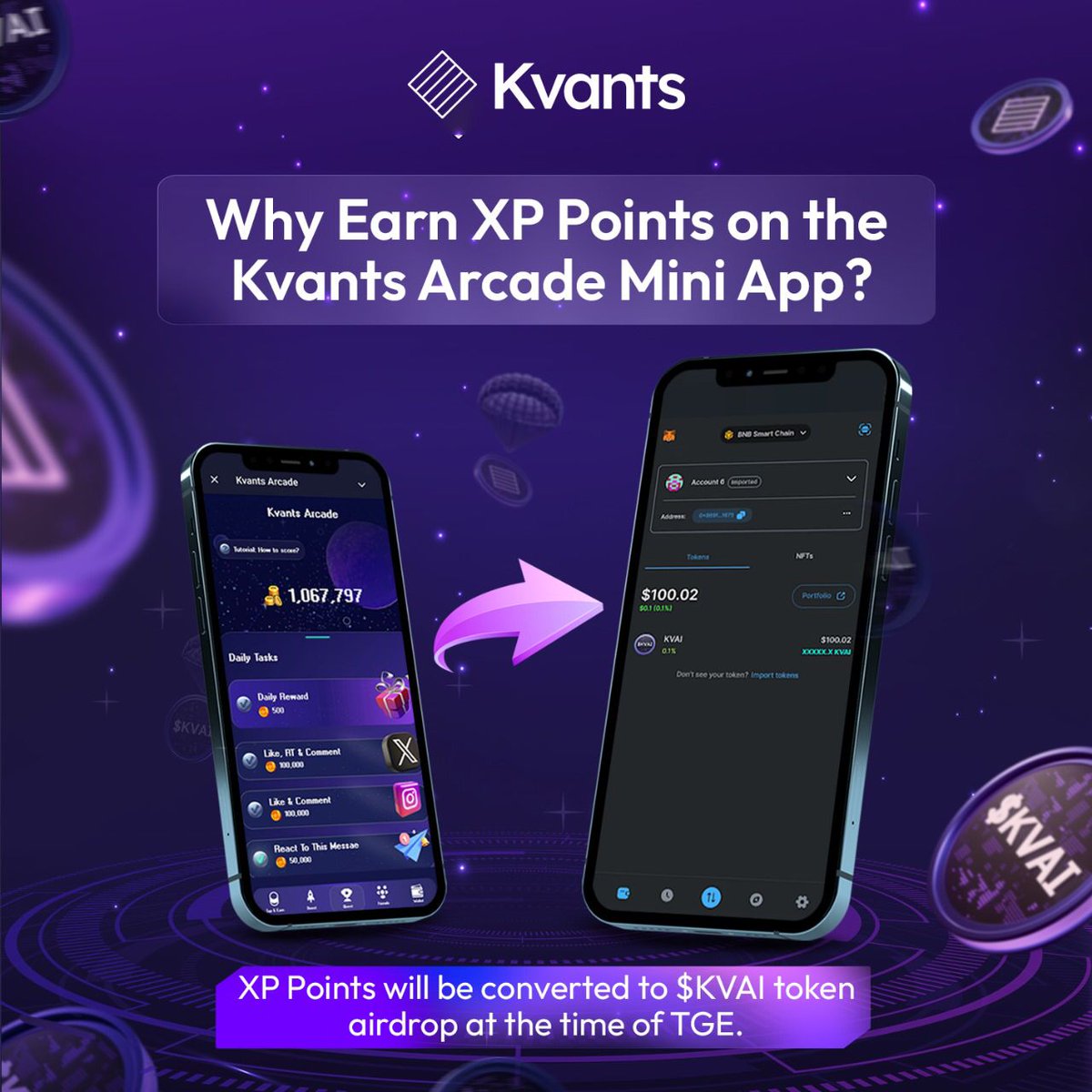 KvantsAI's tweet photo. 🚀 Why should you earn XP Points on the @KvantsArcade Mini App?

🙌 The answer is simple!

XP Points will be converted into $KVAI through an #Airdrop, allowing you to access @KvantsAI trading strategies

📝 Note: The numbers in the image below are for visual representation only https://t.co/oVzaLfhqNK